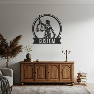 Custom Lady Justice Metal Wall Art – Personalized Law Office Decor, Elegant Scale Sculpture for Lawyers, Legal Graduates or Home Library