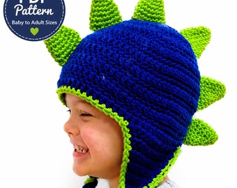 Molde de gorro de dinossauro de crochê em PDF, gorro de dinossauro fácil, tamanhos para bebês e adultos, gorro de inverno com protetores de orelha, download instantâneo, molde de presente de crochê