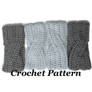 May include: Four crocheted headbands in gray and light blue. The headbands are made with a braided pattern. "Crochet Pattern" is written below the headbands.