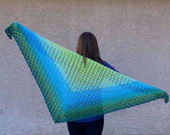 Handmade Crochet Ombré Shawl: Green & Blue Cotton-Acrylic Wrap