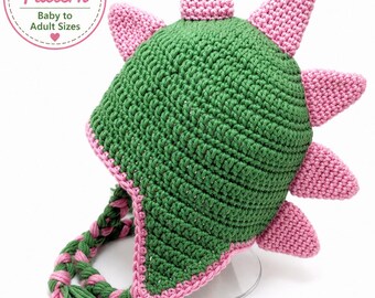 Molde de gorro de dinossauro de crochê em PDF, gorro de dinossauro fácil, tamanhos para bebês e adultos, gorro de inverno com protetores de orelha, download instantâneo, molde de presente de crochê