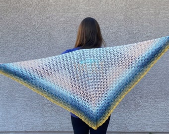 Handmade Ombré Crochet Shawl: Pink, Blue, Yellow Cotton Blend