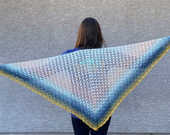 Handmade pink, blue, and yellow ombré shawl, crochet shawl, cover-up, wrap, ready to ship