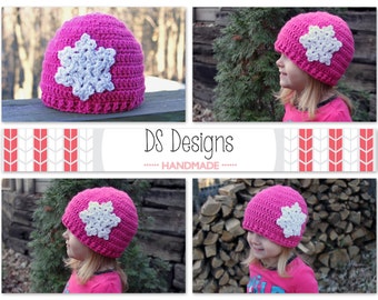 CROCHET PATTERN: Snowflake Beanie Crochet Hat, Crochet Winter Cap, Girls Beanie Pattern, Crochet Baby Hat Pattern, Snowflake Crochet Pattern