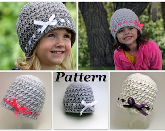 CROCHET PATTERN: Ribbon Hat, Crochet Winter Hat Pattern, Girls Crochet Beanie Pattern, Crochet Baby Hat Pattern, Ribbon and Bow Hat Pattern