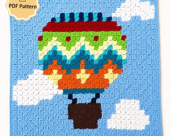 Padrão de crochê de balão de ar quente, padrão de manta de bebê C2C, manta de canto a canto em PDF, decoração de quarto de bebê com tema de aviação, padrão para presente de chá de bebê