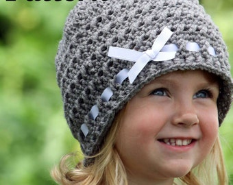 PATTERN: Crochet Ribbon Hat, Crochet Winter Hat Pattern, Girls Crochet Beanie Pattern, Crochet Baby Hat Pattern, Ribbon and Bow Hat Pattern