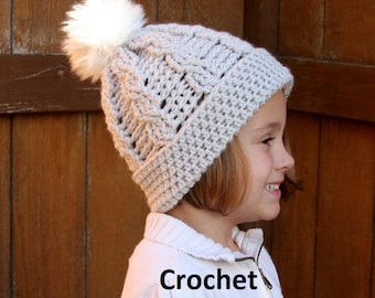 Crochet Cable Pom Pom Hat Pattern: Fold Up Brim (Digital Download)