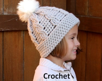 CROCHET PATTERN: Crochet Cable Hat, Fold up Brim Hat, Cable Pom Pom Hat, Crochet Hat, Women's Hat Pattern, Girls Winter Hat Pattern