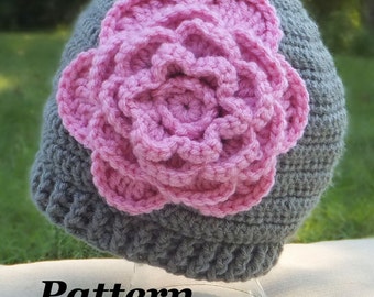 CROCHET PATTERN: Bloomin' Beanie Flower Hat Pattern, Crochet Winter Hat, Girls and Teens Beanie Pattern, Womens Crochet Beanie Pattern