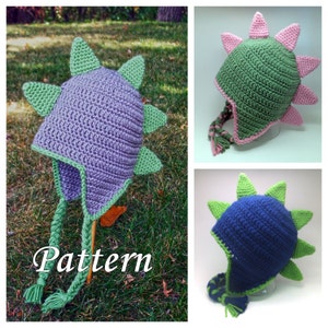 CROCHET PATTERN: Crochet Earflap Dinosaur or Dragon Hat, Crochet Boys Dragon Hat, Girls Dinosaur Hat, Dinosaur crochet hat pattern