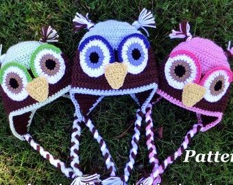 PATTERN: Crochet Earflap Owl Hat, Crochet Boys Winter Hat Pattern, Girls Owl Hat, Kids Crochet Owl Hat Pattern, baby owl hat pattern