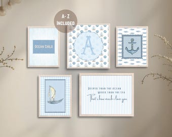 Pôster com tema oceânico para quarto de menino com inicial do nome - Decoração minimalista vintage para presente personalizado