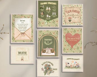 Arte de parede floral calma para cantos – impressões motivacionais de estilo cottagecore para espaços conscientes