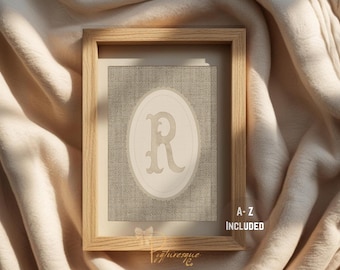 Estampa têxtil vintage Cottagecore com iniciais - Monograma personalizado para decoração de quarto de bebê estilo boho.