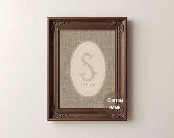 Impressão têxtil personalizada com inicial do nome: Arte de parede vintage para quarto de bebê (Download digital)