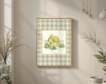 Quarto de bebê verde sálvia, arte de parede vintage e encantadora no estilo cottagecore, divertida, estampas para sala de jogos, lar doce lar
