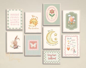 Pacote com 9 pôsteres para quarto de menina - Arte Cottagecore em tons de verde sálvia e rosa (Download digital)