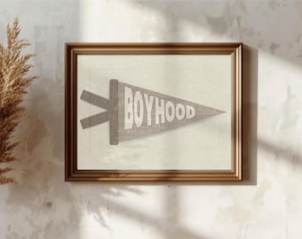 Pôster vintage da infância - Arte têxtil boho para parede, decoração para quarto de menino, bandeirinha neutra