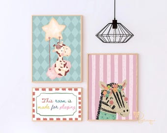 Pôster alegre de safari para quarto de bebê - Arte preppy para sala de jogos e decoração Montessori