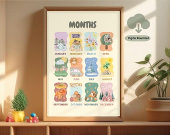 Impressão educacional dos meses do ano: decoração de sala de aula em tons pastéis (download digital)