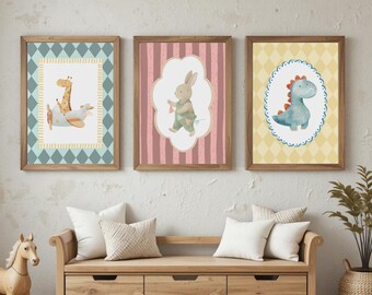 Quarto de bebê com tema safari, arte de parede divertida, pôster de dinossauro, estampas de animais, decoração para sala de jogos, galeria cottagecore