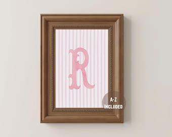 Pôster rosa com inicial para quarto de bebê, impressão em aquarela, presente personalizado para decoração de quarto de menina.