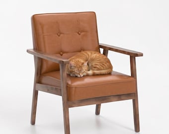 Mid Century Modern Accent Chair, Retro Leather Armchair with Wood Arms, Tufted Lounge Chair