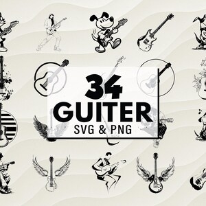 Guitar SVG PNG Bundle, Musical Instrument Silhouette Clipart, Acoustic and Electric Guitar Cut Files, Music Vector Design, Digital Download