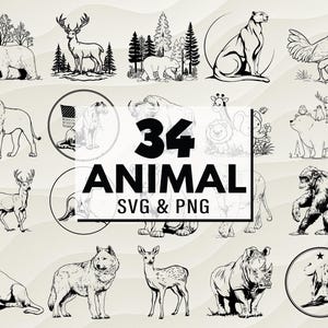 Animal SVG PNG Bundle, Wild Animal Silhouette, Wildlife Vector, Animal Shapes Cut File, Wildlife Clipart, Animal Design Svg, Wild Animal Png