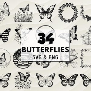 Butterflies SVG PNG Bundle, Butterfly Silhouette Clipart, Insect Cut Files, Nature Garden Vector Designs, Digital Download, Insect Clipart