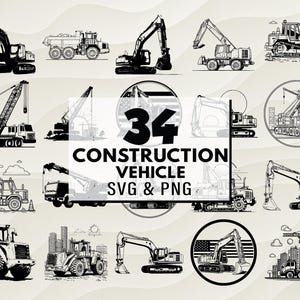 Construction Vehicle SVG PNG Bundle, Heavy Machinery Silhouette Clipart, Excavator and Bulldozer Cut File,  Builder Vector Design, Truck Svg