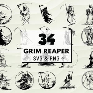 Grim Reaper SVG PNG Bundle, Skull Scythe Clipart, Skeleton Silhouette Cut Files, Halloween Death Vector, Grim Reaper Decal Designs, Crafts