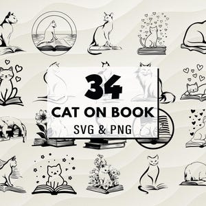 Cat on Book SVG PNG Bundle, Reading Cat Silhouette Clipart, Book Lover Cricut Cut Files, Cozy Cat Vector Design, Cat Lover Gift Svg, Crafts