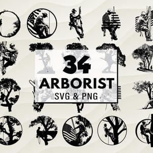 Arborist SVG PNG Bundle, Tree Climber Silhouette Clipart, Lumberjack Vector, Tree Cutting Chainsaw Cut File,    Woodcutter Svg, Forester Png