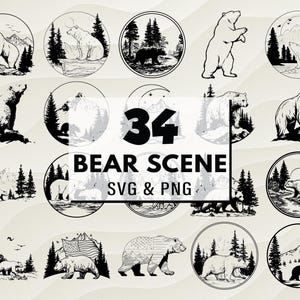 Bear Scene SVG PNG Bundle, Wilderness Silhouette, Forest Animal Vector Cut File, Nature Landscape Digital File, Cricut Bear File, Bear Decal