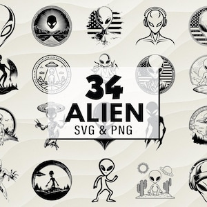エイリアンSVG PNGバンドル、UFOクリップアート、地球外カットファイル、エイリアンベクター、UFO、デジタルデザイン、エイリアンデカール、SF SVG、エイリアンシルエット