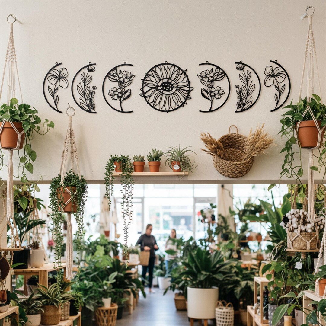 Floral Moon Phase Metal Wall Art, Botanical Moon Phases Wall Hanging ...
