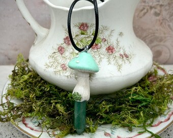 Green Aventurine Crystal Pendant with Hand Sculpted Mushroom