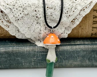 Green Aventurine Crystal Pendant with Hand Sculpted Mushroom