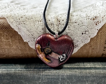 Steampunk Heart Pendant – Handmade Polymer Clay Necklace with Gears, Rivets & Textured Wood Detail
