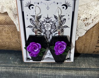 Coffin Earrings- dangle earrings with roses