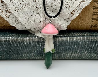 Green Aventurine Crystal Pendant with Hand Sculpted Mushroom