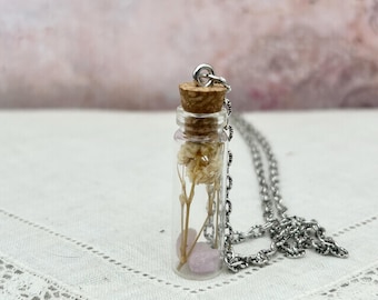 Glass bottle pendant- Tiny glass vial necklace with dried flowers and crystals