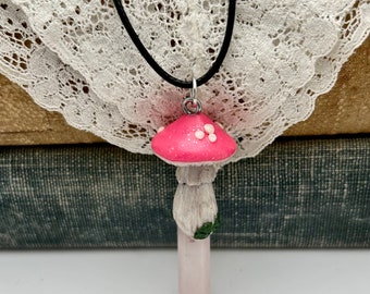 Rose Quartz Necklace-Crystal Pendant with Hand Sculpted Mushroom