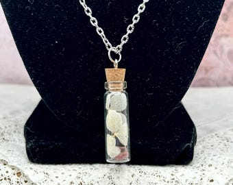 Glass bottle pendant- Tiny glass vial necklace with dried flowers and crystals