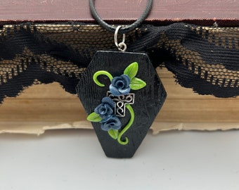 Gothic Coffin Necklace- Polymer Clay Necklace-Cross and Roses