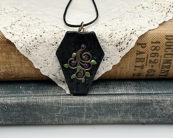 Gothic Coffin Necklace- Polymer Clay Necklace-Antique brass vine necklace
