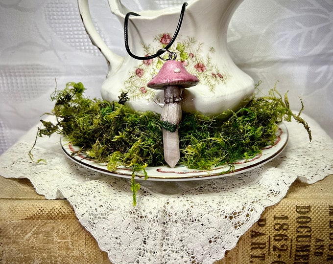 Featured listing image: Rose Quartz  Crystal Pendant with Hand Sculpted Mushroom