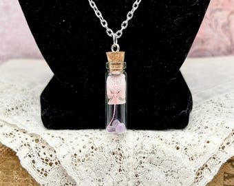 Glass bottle pendant- Tiny glass vial necklace with dried flowers and crystals